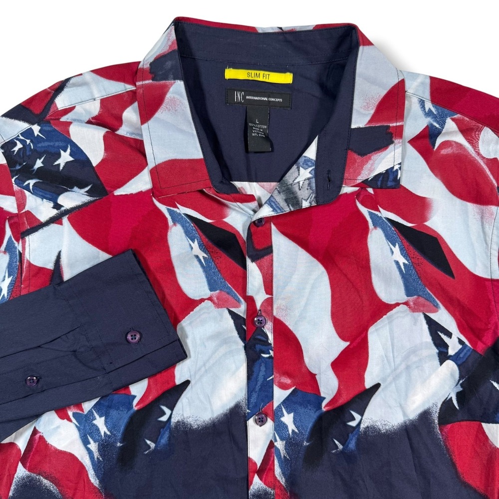 INC Button Up Shirt Mens Large Navy American Flag Stars Slim Fit 46506NA540